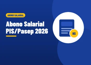 Ilustração de uma carteira de trabalho com uma moeda do real, ao lado do título Abono Salarial PIS/Pasep 2026