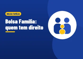 Ilustração de uma família com dois adultos e uma criança, ao lado do título Bolsa Família quem tem direito
