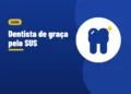 Ilustração de um dente com um brilho amarelo, ao lado do título Dentista de graça pelo SUS