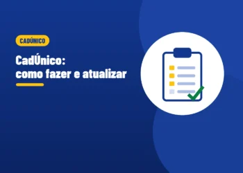 Ilustração de uma prancheta com uma lista marcada e um sinal de certo, ao lado do título CadÚnico como fazer e atualizar