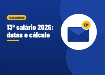 Ilustração de um envelope com um selo amarelo escrito 13º, ao lado do título 13º salário 2026 datas e cálculo