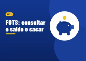 Ilustração de um cofrinho azul com uma moeda caindo, ao lado do título FGTS consultar o saldo e sacar