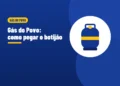 Ilustração de um botijão de gás azul com uma faixa amarela, ao lado do título Gás do Povo como pegar o botijão