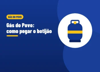 Ilustração de um botijão de gás azul com uma faixa amarela, ao lado do título Gás do Povo como pegar o botijão