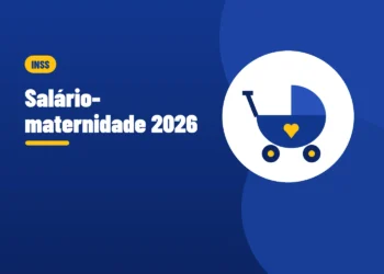 Ilustração de um carrinho de bebê com um coração amarelo, ao lado do título Salário-maternidade 2026
