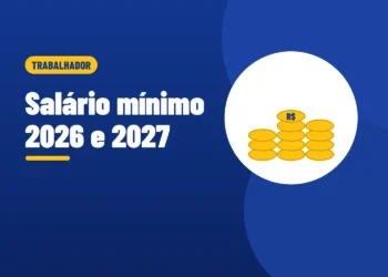 Ilustração de três pilhas de moedas douradas, ao lado do título Salário mínimo 2026 e 2027