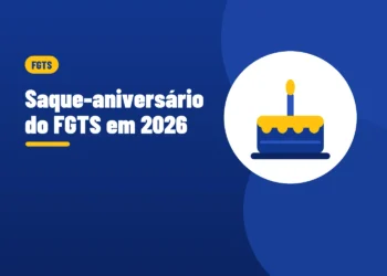 Ilustração de um bolo de aniversário com uma vela acesa, ao lado do título Saque-aniversário do FGTS em 2026