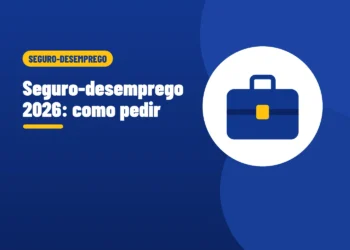 Ilustração de uma maleta de trabalho azul, ao lado do título Seguro-desemprego 2026 como pedir
