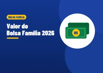 Ilustração de duas cédulas de dinheiro com o símbolo do real, ao lado do título Valor do Bolsa Família 2026
